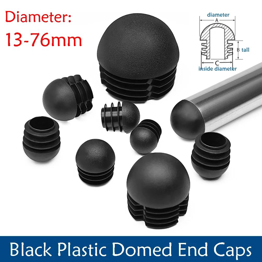 Schwarzer runder Rohrstopfen aus Kunststoff, rutschfest, für Stuhlbeine, Fuß, Staubschutz, gewölbte Endkappen, Bodenschutzpolster, Durchmesser 13, 16, 19, 20, 22–76 mm Image