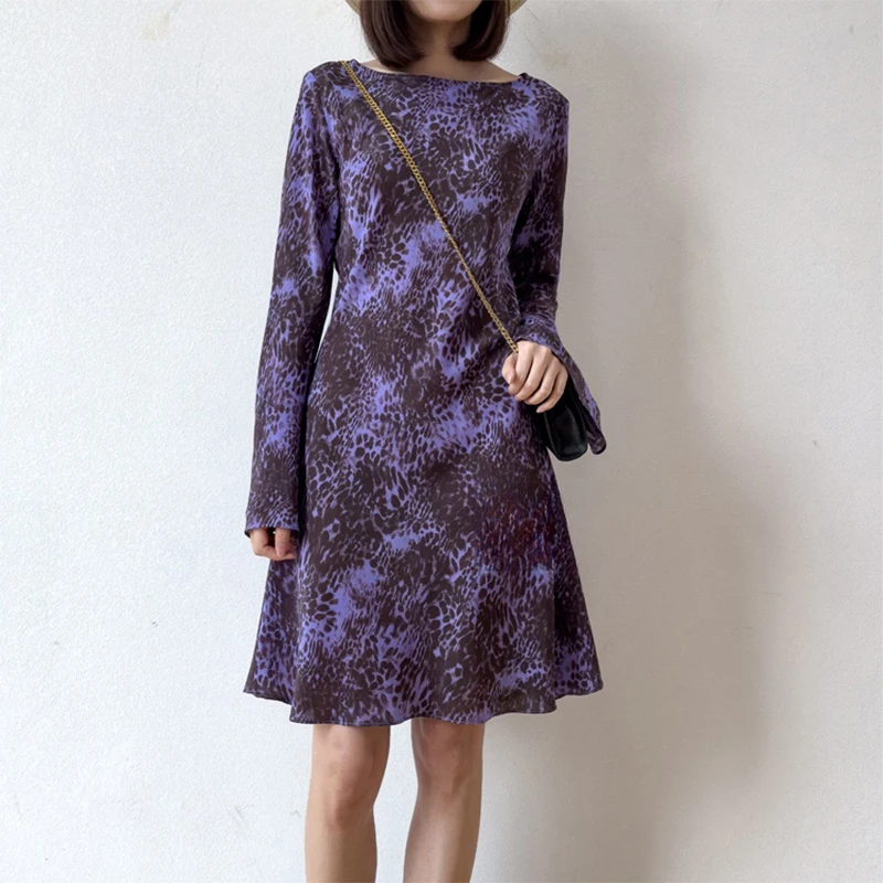 Damen-Seidenkleid, 100 % Maulbeerseide, Krepp de Chine, lila, modisch, Leopardenmuster, 2025, lange Aufflackernärmel, Bürodame, M, L, M1280 Image