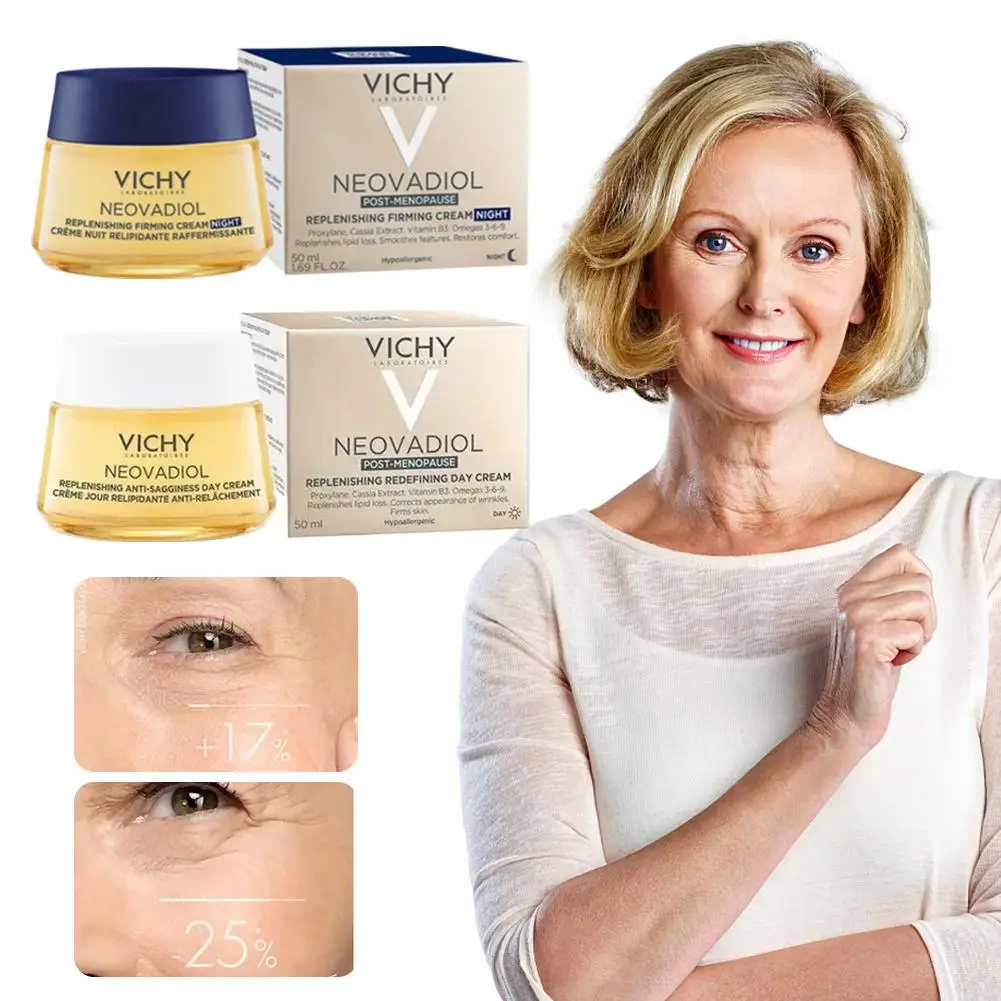 Vichy Anti-Falten-Nachtcreme, straffende Haut, tief feuchtigkeitsspendend, feuchtigkeitsspendend, Menopauze, reduziert feine Linien, Gesichtspflege Image