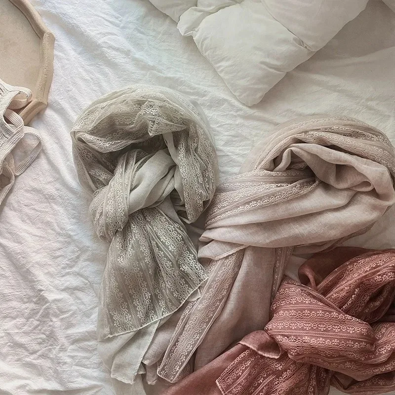 Dünner Schal aus Flachsspitze, Baumwolle und Leinen, Frühling und Herbst, ausländischer Stil, modisch, einfarbig, hochwertiger, sanddichter Schal Image