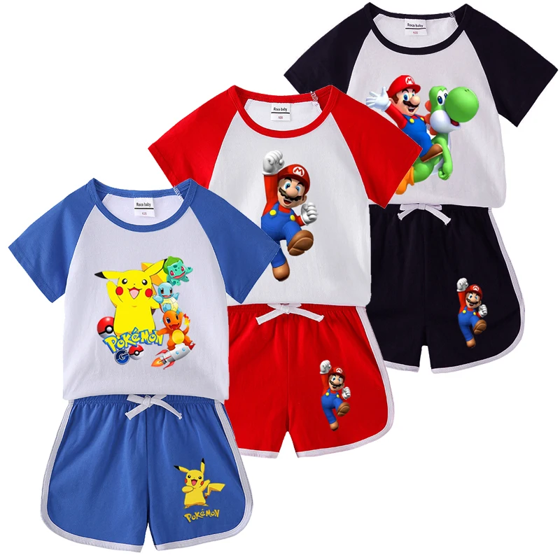 Super Mario Kind Baumwolle Pyjama Set Anime Gedruckt Kurze Zwei-stück Anzug Sommer Casual Bequeme Homewear Kinder Cartoon Kleidung Image