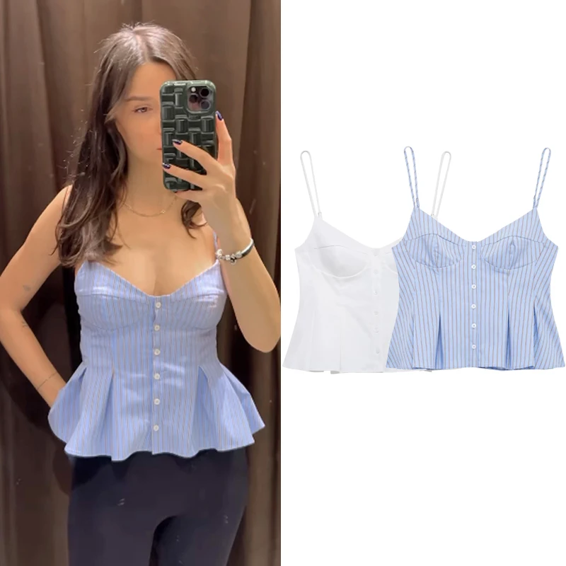 HXAO Blau gestreift Y2k Slip Tops 2025, Damen Frühling Sommer, elegante Tanktops und Camis Tops, modisch, lässig, weiß, blau, Korsett-Tops