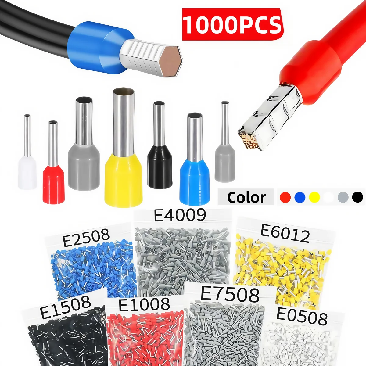 1000 Stück Rohr-Crimpklemmen, elektrische Kabelverbinder, Ferrulen, Anschlüsse E0508 E7508 E1008 E1508 E2508 E4009 E6012, Ringhülsen Image