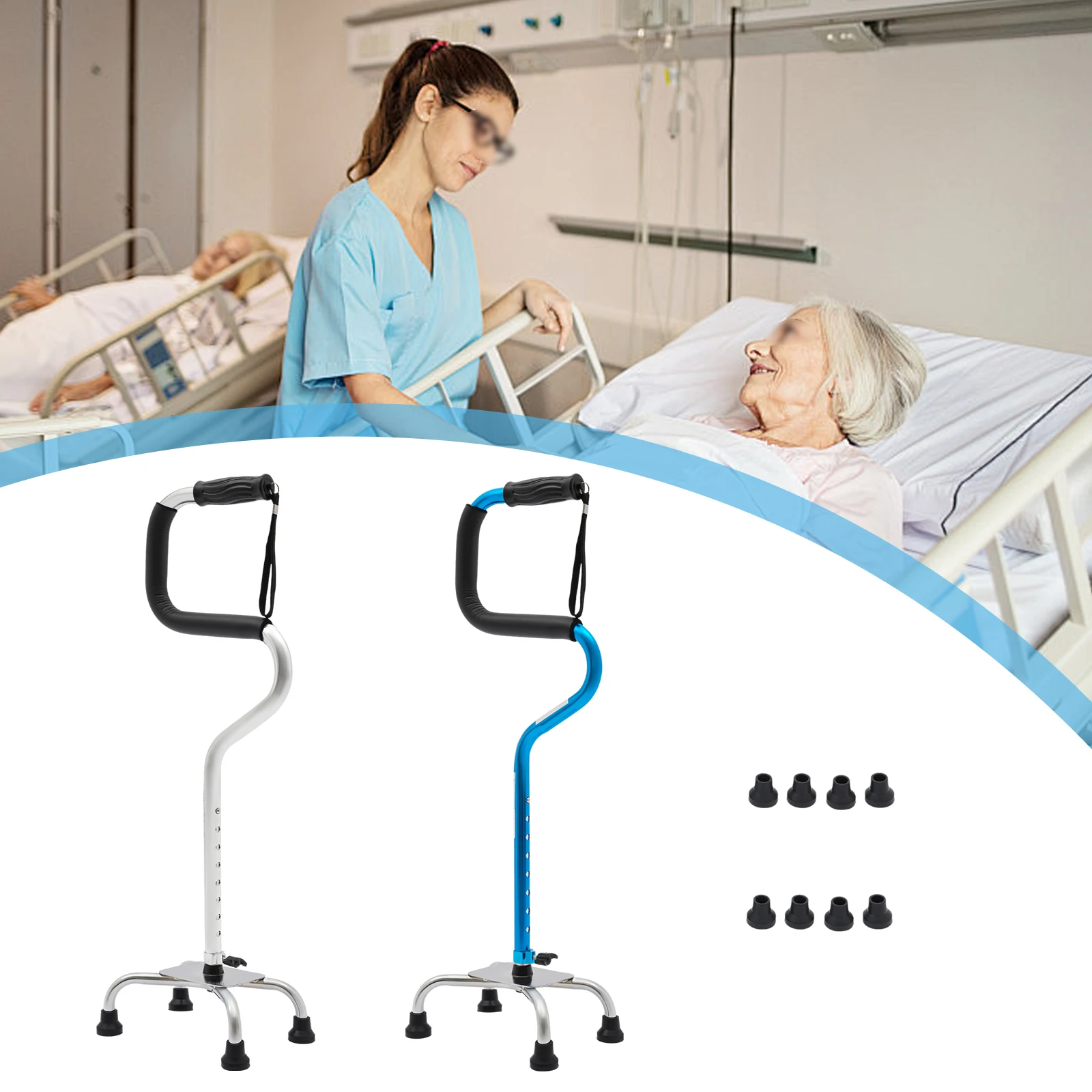 8 Gänge, verstellbarer Gehstock, 300 Pfund belastbar, vierbeiniger Gehstock, 1,5–1,85 m, TPR, für ältere Menschen, behinderte Menschen, stabil, langlebig, rutschfest Image