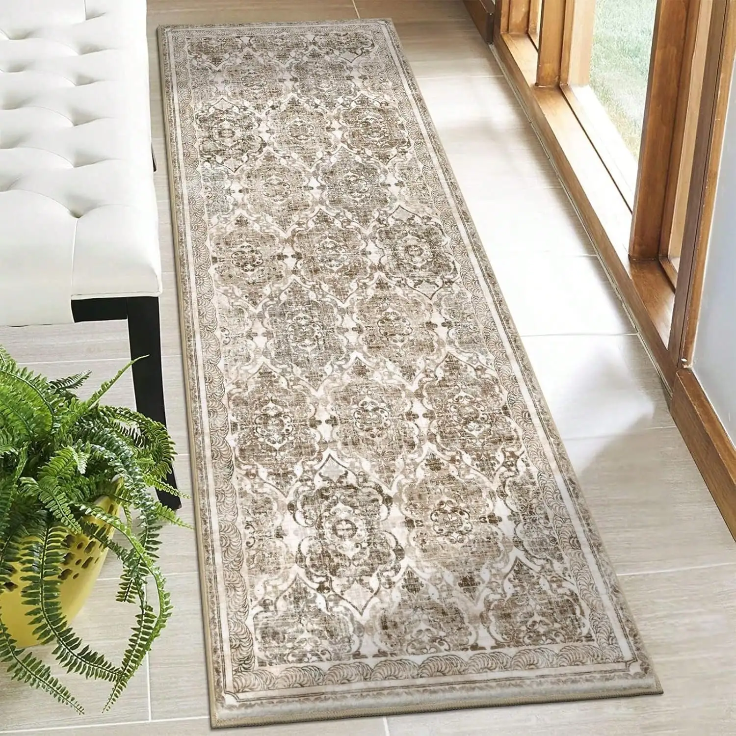 Teppich mit Vintage-Muster, Matte, Teppich – Blau, Beige, langes Rechteck, Heimdekoration für Wohnzimmer, Flur, rutschfeste weiche Bodendekoration