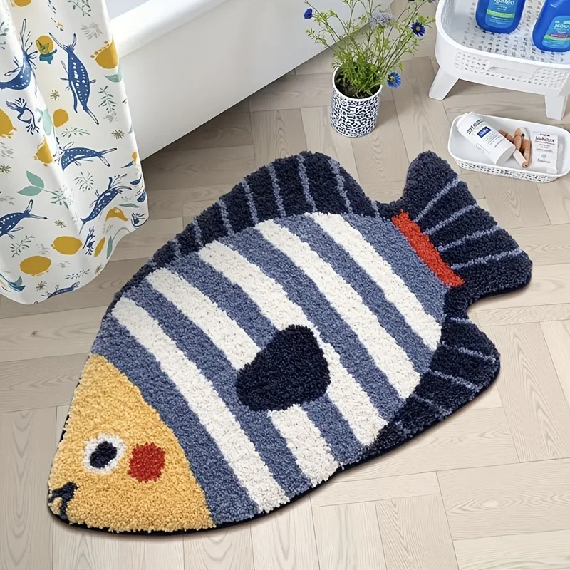 VIKAMA Blau-Weiß Gestreifter Mehrfarbiger Fisch-Teppich Ist ein Komfortabler und Weicher Kunstkaschmir-Teppich für Wohnraumdekoration Image