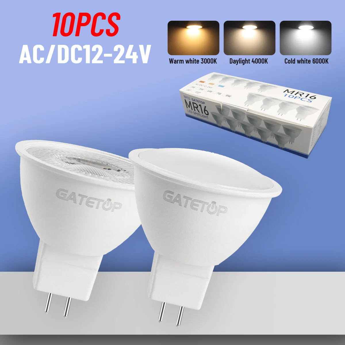 10 Stück MR16 LED-Strahler, 7 W, GU5.3-Sockel, 12–24 V AC/DC, 3000 K/4000 K/600 K – blendfrei, verwendet in Restaurant, Bar, Gartenbeleuchtung