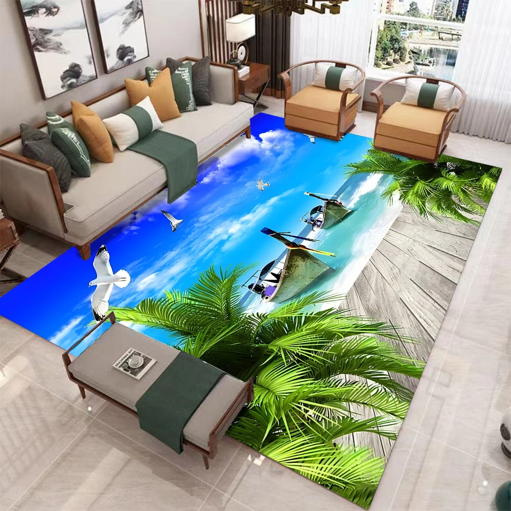 Tropischer Strandteppich mit Palmen & Meerblick, Rutschfester Küstendekor-Teppich für Wohnzimmer, Schlafzimmer & Ferienhaus Image