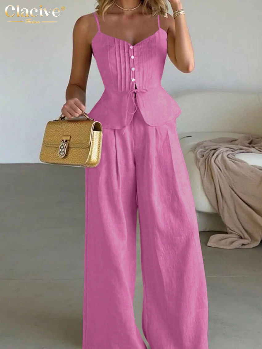 Clacive Sexy Loose Brown 2-teiliges Set für Damen, Sommer, ärmelloses Tank-Top mit hoher Taille, weite Hosen, Set, Damenbekleidung, Streetwear