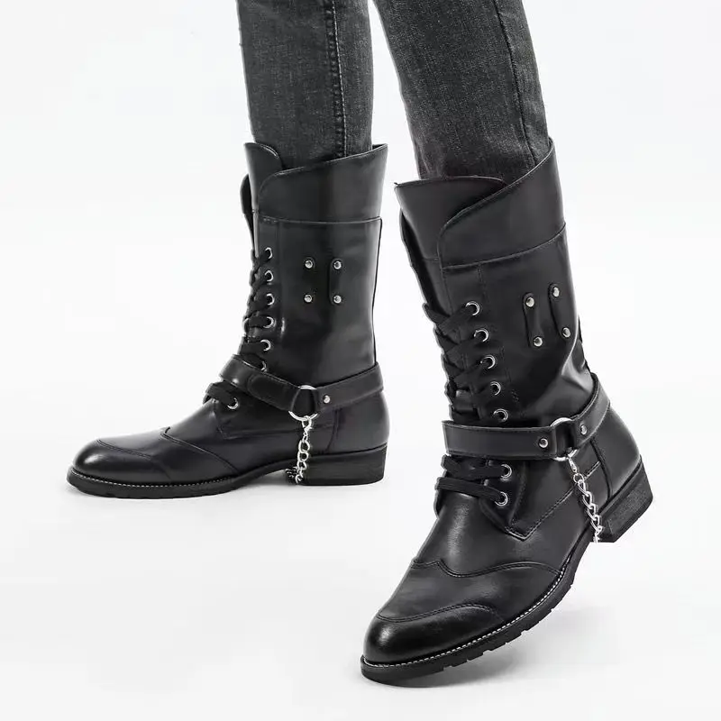 Männer Mode hohe Motorradstiefel schwarz Original Lederschuhe Markendesigner Herbst Winter Stiefel Bühne Nachtclub Ritter Botas