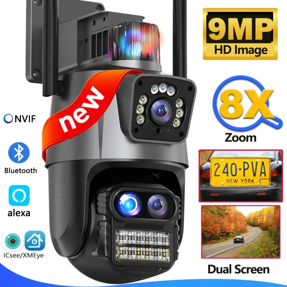 9MP WLAN-Kamera ICsee Ferngesteuerte Smart-Kameras Drei Objektive Dual-Bildschirm Outdoor 8X Zoom Sicherheitskamera 4K Videoüberwachung PTZ ICsee Alexa NVR Sicherheits-CCTV Image
