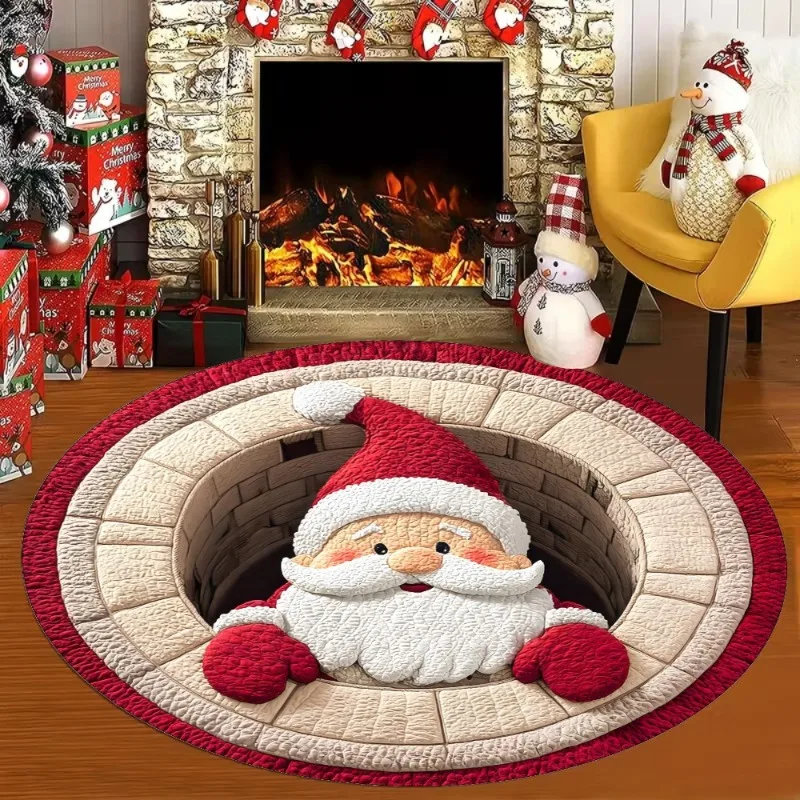 Weihnachtsmann runder Teppich 3D optische Täuschung Muster Bodenmatte Weihnachten Urlaub Dekor rutschfester Teppich für Wohnzimmer Schlafzimmer Image