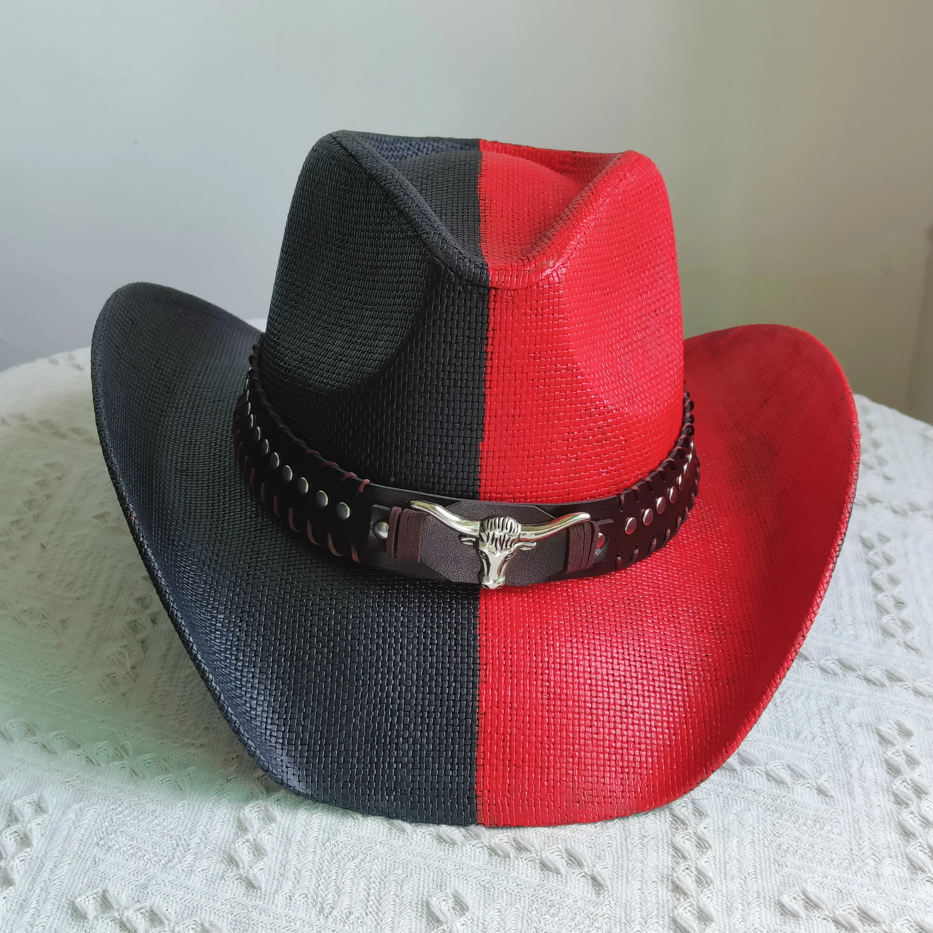 Handbemalter Western-Cowboyhut, zweifarbiger Hut für Männer und Frauen, große Krempe, steifer Strohhut, schwarzer Sombrero Vaquero Homme