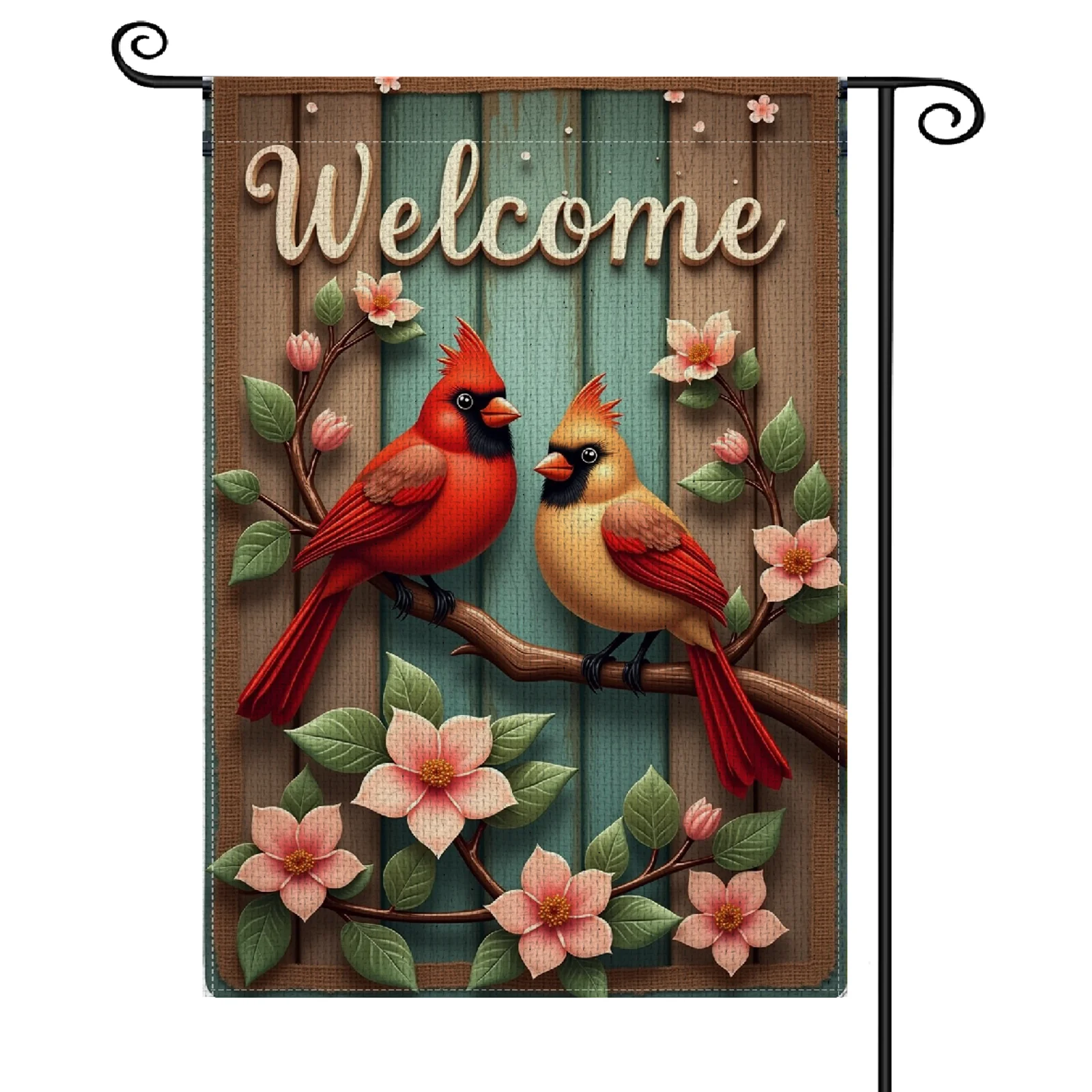 Willkommens-Gartenflagge mit Kardinalvogel-Muster, Outdoor-Hofflagge mit Blumendesign und Jutebesatz, Gartenbanner für die Vorgarten-Dekoration Image