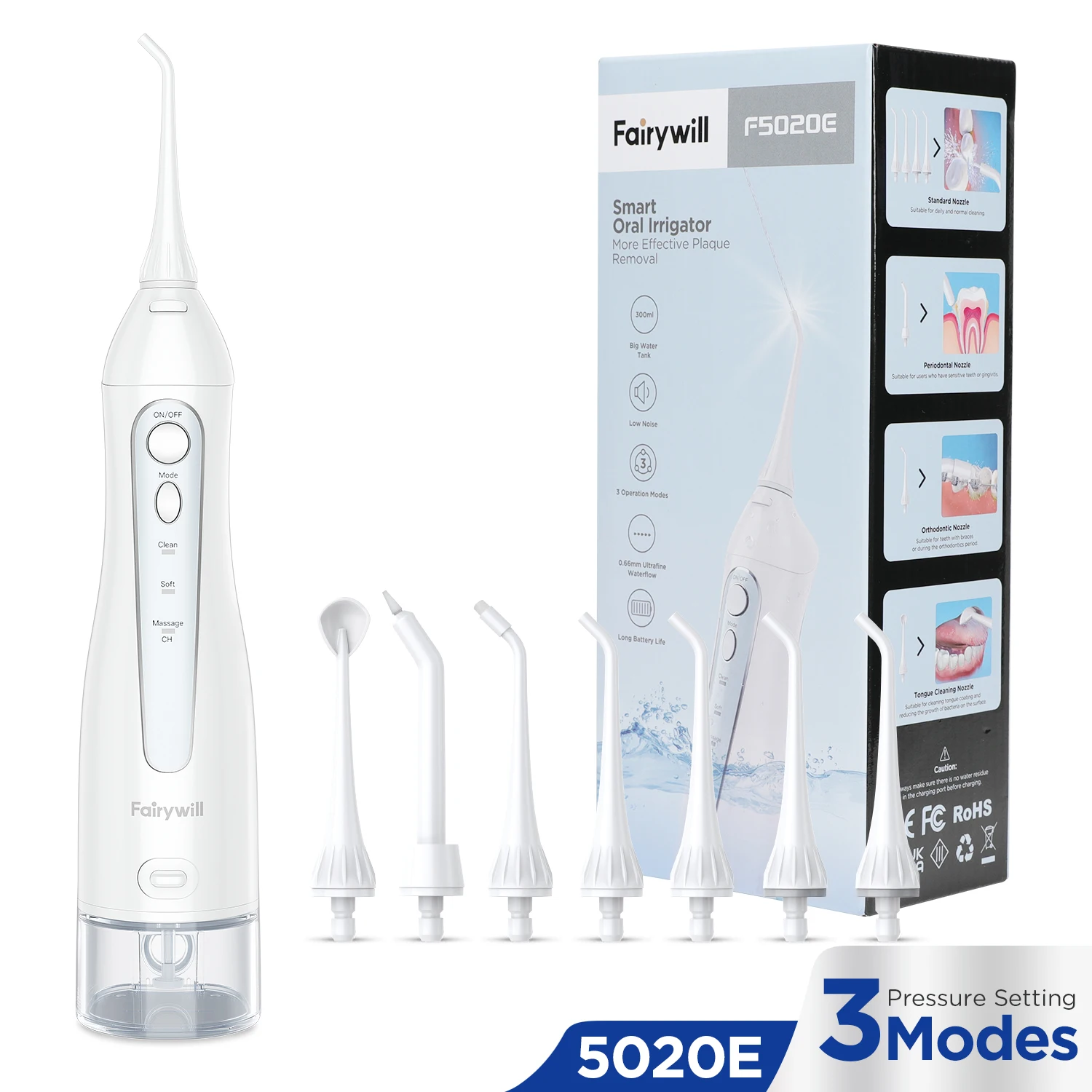 Fairywill Wasserflossers für Zähne, 300 ml, Munddusche, wiederaufladbar, tragbar, Dental, 3 Modi, Wassertank, wasserdichter Zahnreiniger Image