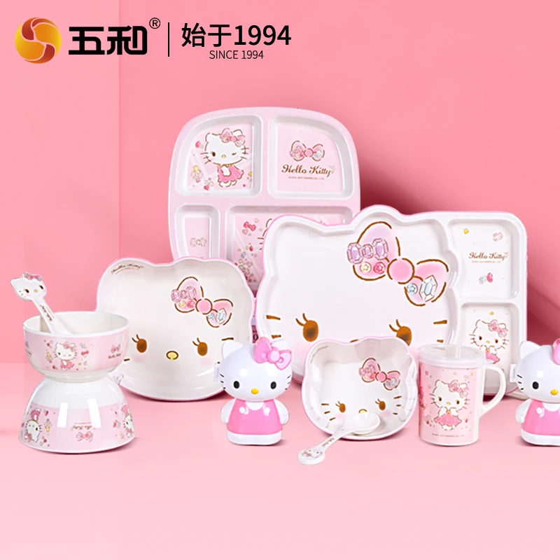 Hello Kitty Kindergeschirr, niedlicher Cartoon-Essteller, BPA-frei, Kinder-Wasserbecher, Anti-Fall-Schüssel, geteilter Teller, Löffel, Kawaii-Geschenk Image