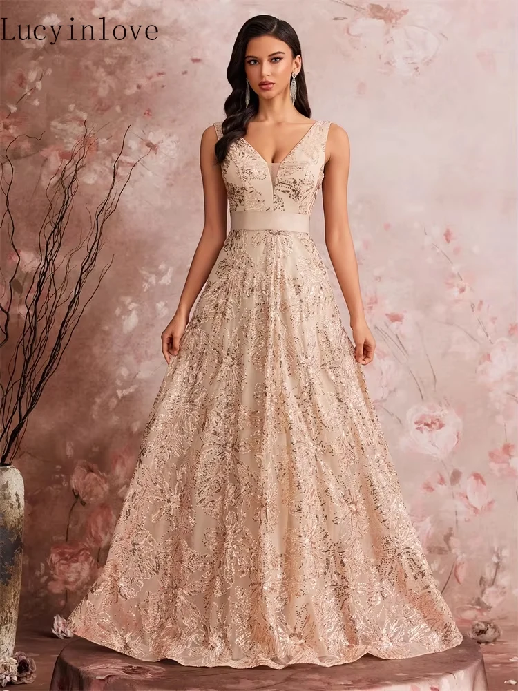 Lucyinlove Luxus Sexy Tiefem V-ausschnitt Pailletten Rosa Abendkleid Frauen Elegante V-back Hochzeit Party Lange Prom Cocktail Kleider