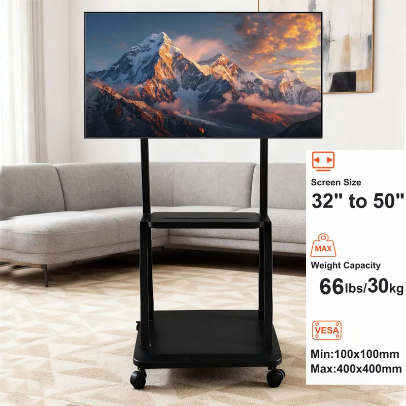 BEISHI Mini Rollbarer TV-Ständer für 32-50 Zoll Flachbildschirm und Curved TVs, Höhenverstellbarer Tragbarer TV-Ständer mit Kunststoffrädern, Maximale Belastung 30 kg Image