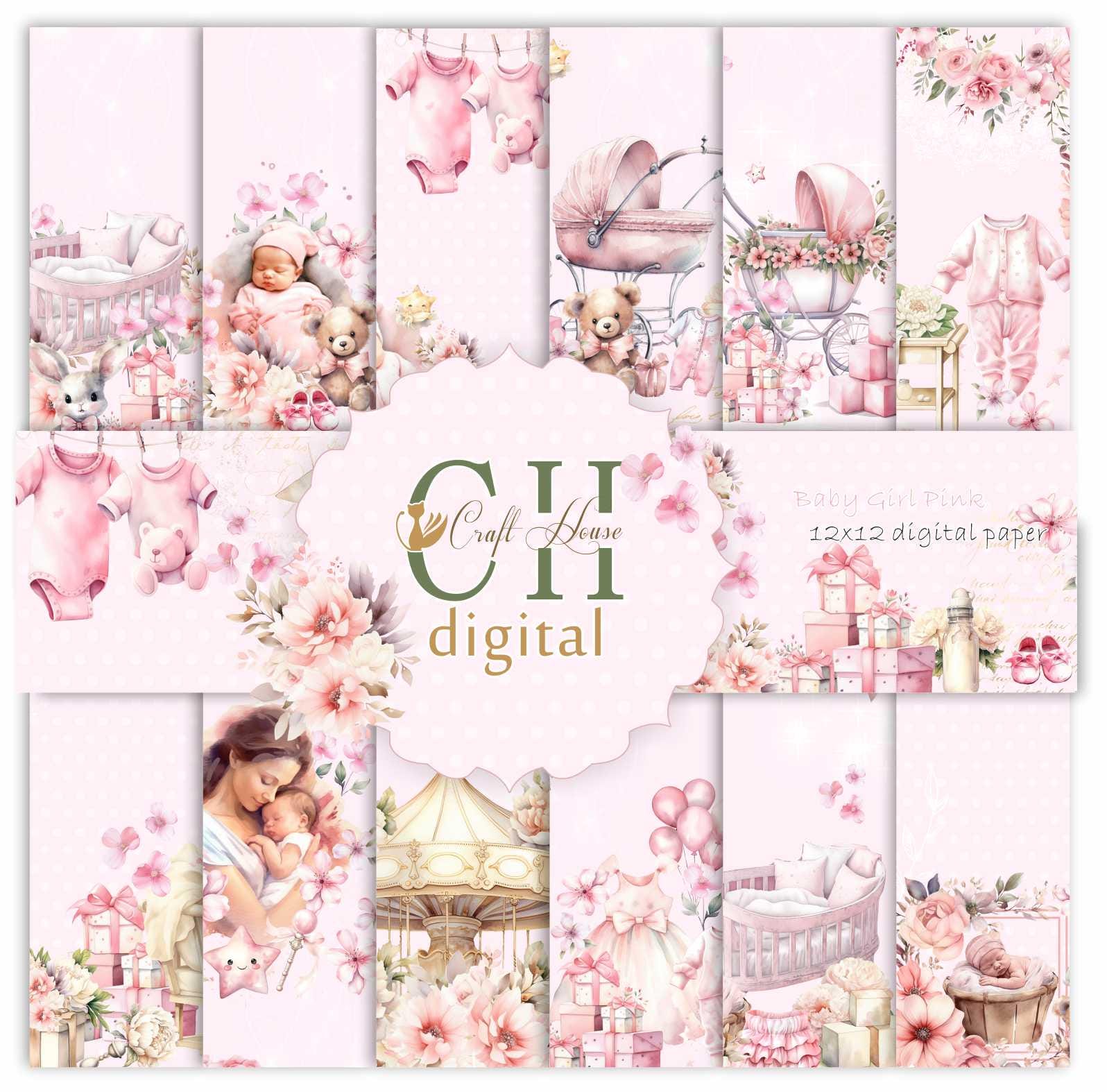 Pacchetto di carta digitale, Neonata, Benvenuta bambina, Carta digitale rosa, Bambina floreale, Bambina carina in rosa, Carta digitale per album di ri