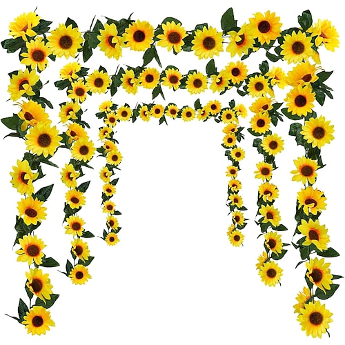 3er-Pack künstliche Sonnenblumengirlande, 2,3 m/Strang, hängende Seidensonnenblumen mit grünen Blättern für Zimmer, Küche, Garten, Geburtstag, Hochzeit, Babyparty, Tischdekoration Image