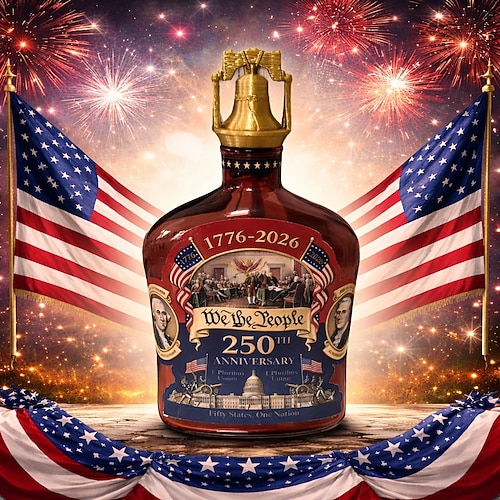 Gedenkflasche zum 250. Jahrestag der Unabhängigkeit der USA (1776–2026), patriotische limitierte Spirituosenflasche mit Freiheitsglockenverschluss, Sammlerstück zur Feier der amerikanischen Image