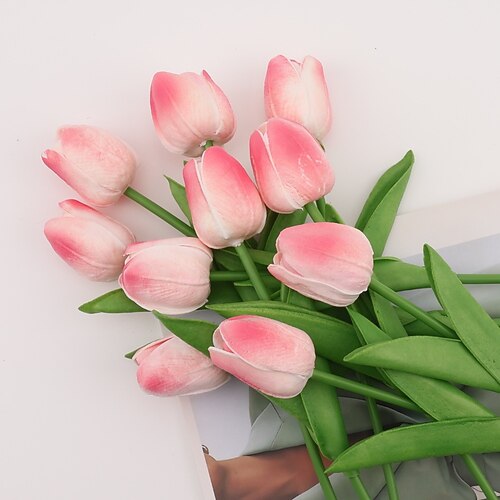 10 künstliche Tulpen, täuschend echt wirkende PU-Kunstblumen, Tulpenstiele für Hochzeitssträuße, Frühlingssträuße, Blumenarrangements, Dekorationen für Zuhause, Büro, Partys und Muttertag Image