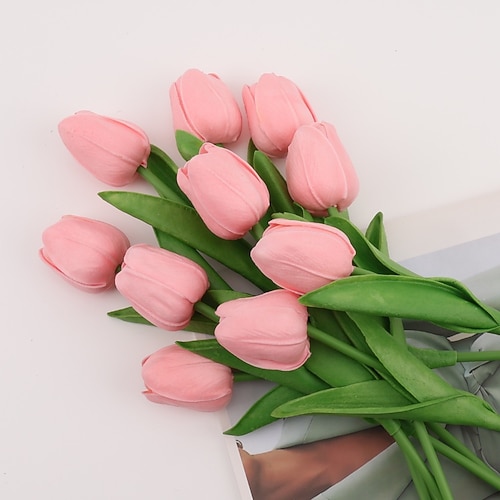 10 künstliche Tulpen, täuschend echt wirkende PU-Kunstblumen, Tulpenstiele für Hochzeitssträuße, Frühlingssträuße, Blumenarrangements, Dekorationen für Zuhause, Büro, Partys und Muttertag Image
