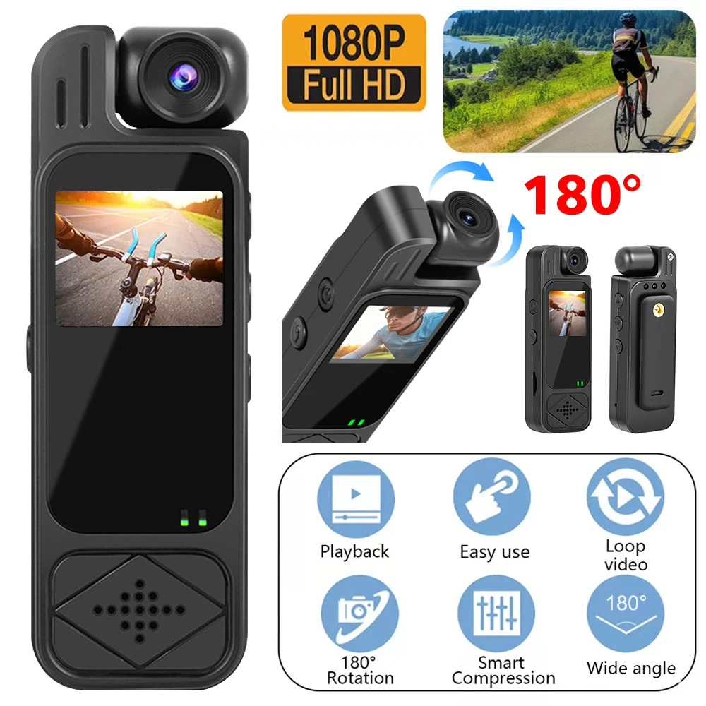 Mini Telecamera Indossabile Y9 1080P HD, Videocamera Sportiva con Visione Notturna a Infrarossi, Registratore Video Digitale, Bodycam da 1,3 Pollici, Piccola Videocamera per Polizia