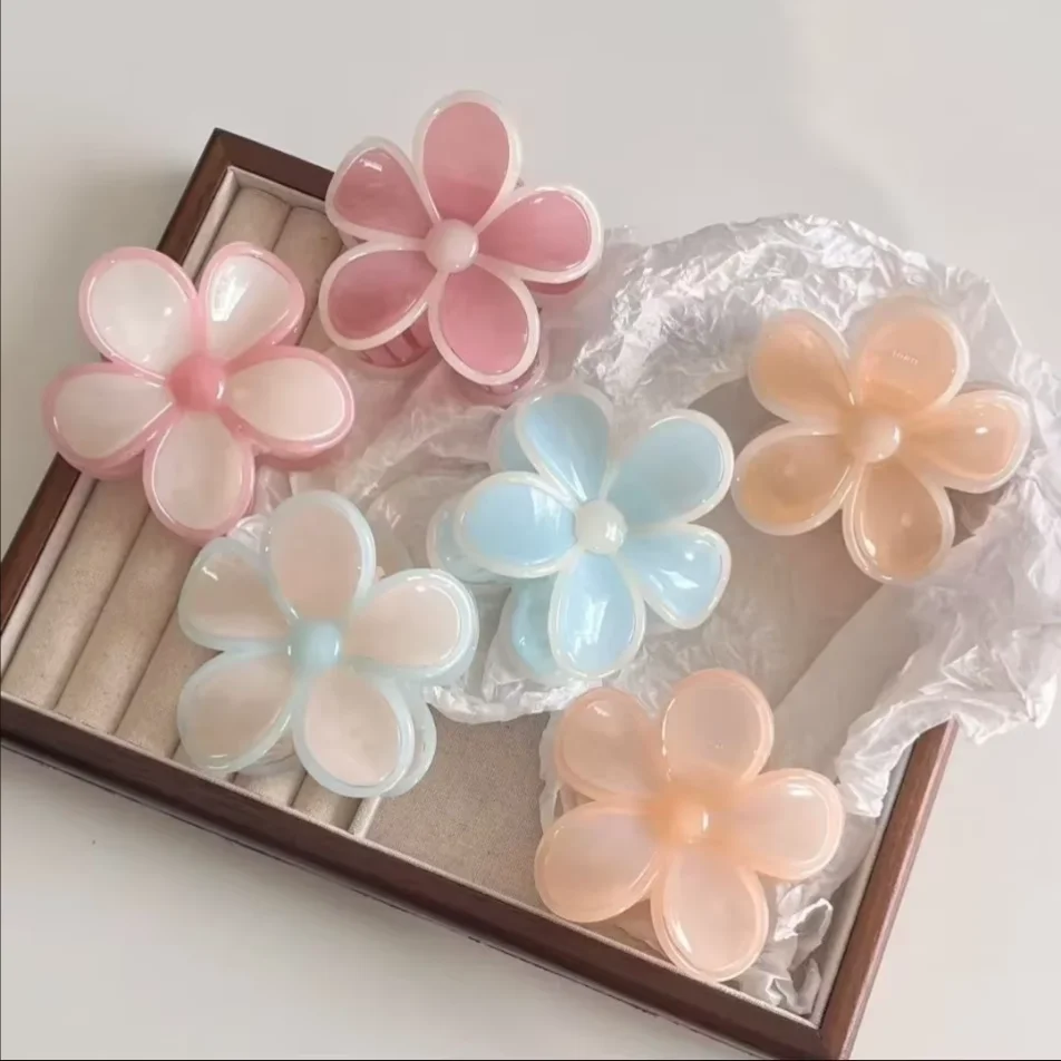 Premium-Haarspange mit Farbblock-Blumen, Haifischbiss, halbe Hochsteckfrisur, Haarspange, vielseitiger Pferdeschwanzhalter, geleefarbene florale Haarklammern Image