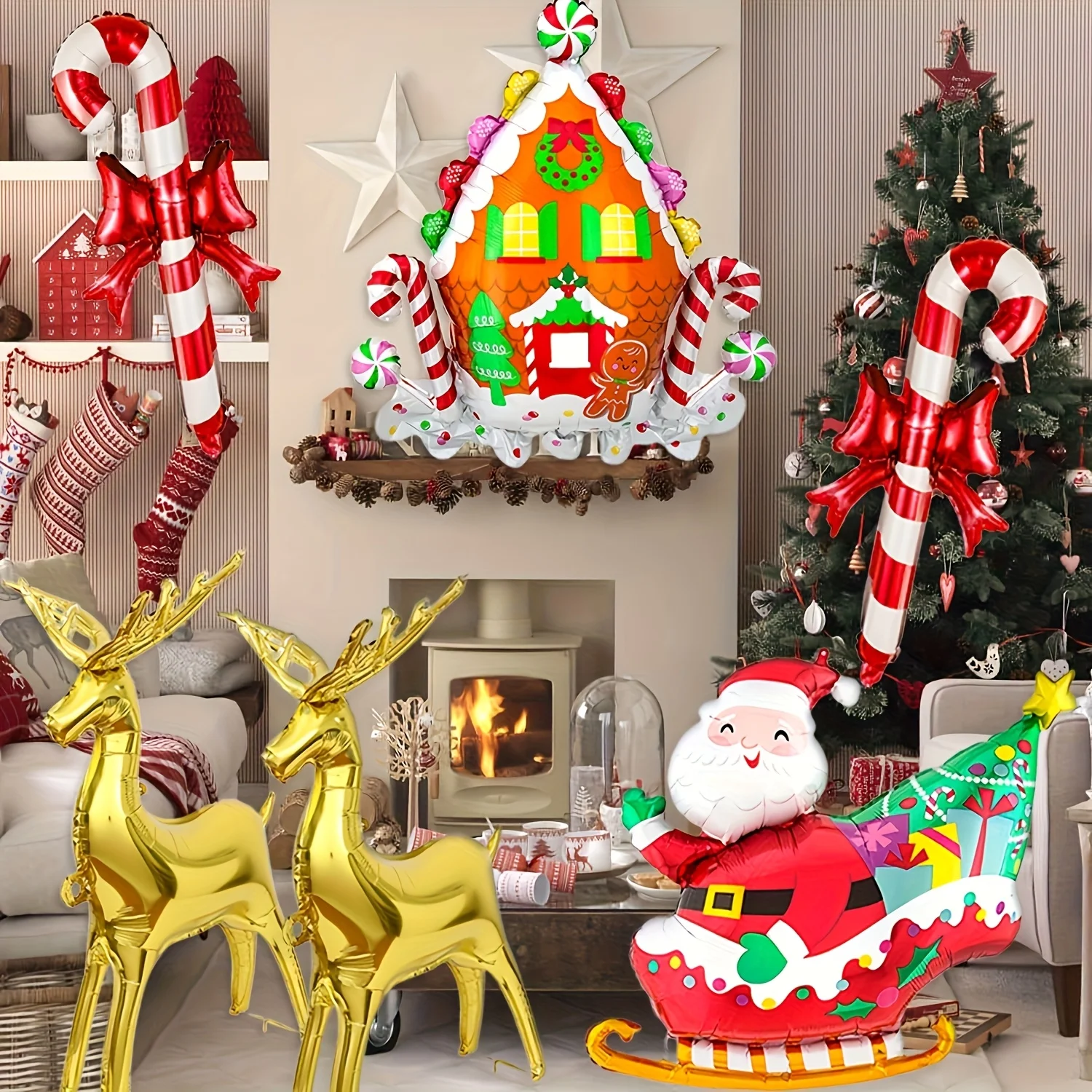 6 Stück Weihnachtsballons, riesige weihnachtliche dekorative Luftballons, stehend, Rentierschlitten, Lebkuchenhaus, Urlaub, Party-Dekorationen Image