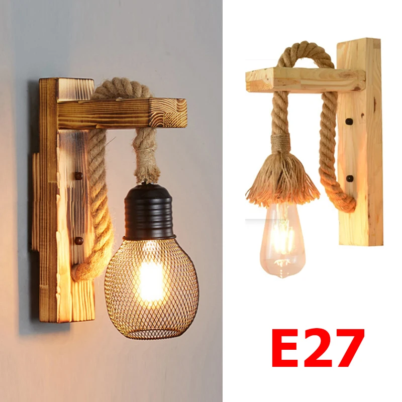 Vintage Hanfseil Wandleuchte mit Stecker Holz Wandleuchte E27 Innen Loft Außenkorridor Wandleuchten Industrielle Wandleuchte Nachttischlampe