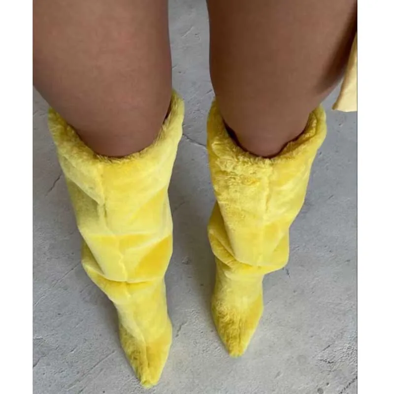 Zitronengelbes Fell Kniehohe Stiefel Damen Volles Flauschiges Fell Spitzschuh Orange High Heels Winterstiefel Damenmode Warme Schneeschuhe