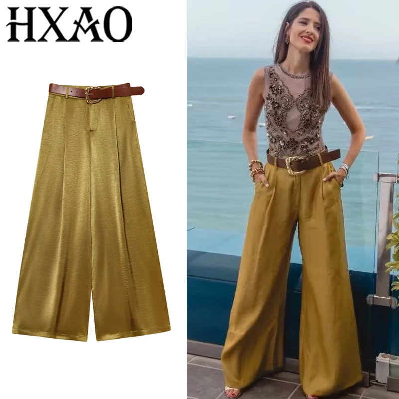 HXAO Damenhose, Sommerhose mit weitem Bein, Damenhose, plissiert, Baggy-Satinhose, Damengürtel, Bürokleidung, breite flüssige Hose für Damen Image