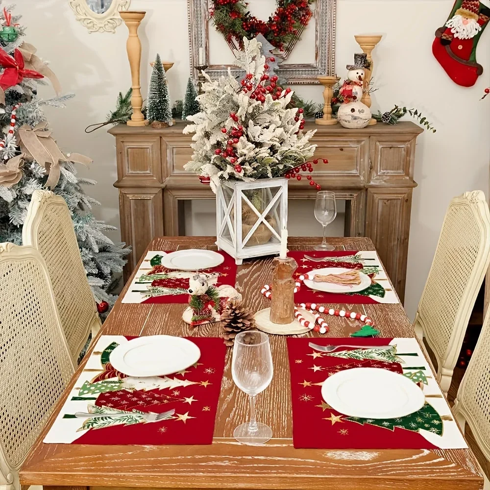 4 Stück Weihnachts-Tischsets, 45,7 x 30,5 cm, Set, Weihnachtsbaum, rote Tischdekoration, Winter-Sackleinen, Bauernhaus, saisonale Party-Dekoration, Matten Image