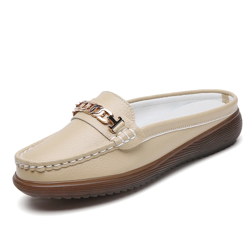 Echtes Leder Halbe Schuhe Für Frauen Luxus Casual Wohnungen Dame Slip Auf Loafers Mokassins Hausschuhe Hause Große Größe 42 43 Image