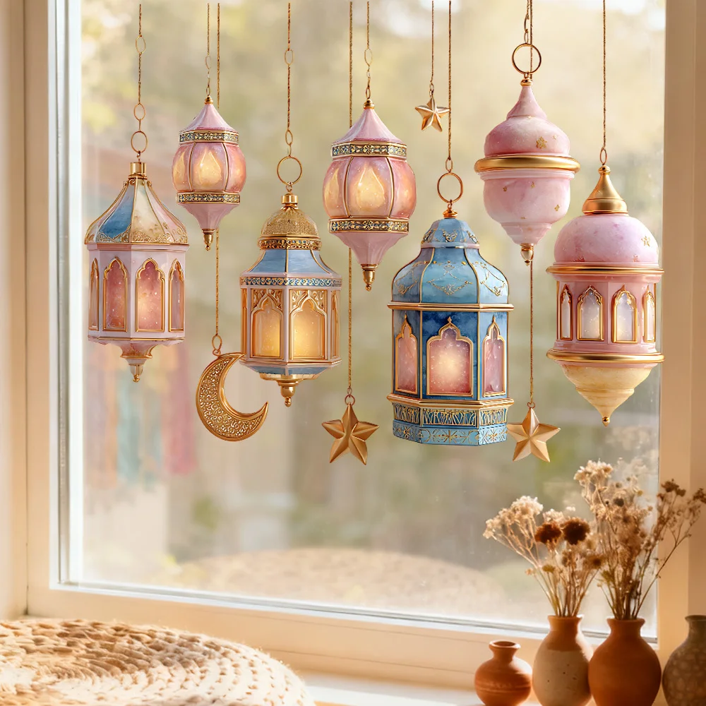 1 Stück Eid Ramadan Stern Mond Laterne Fenster Wandaufkleber Dekoration Ramadan Wandsticker Islamische Muslimische Hintergrund-Wandaufkleber