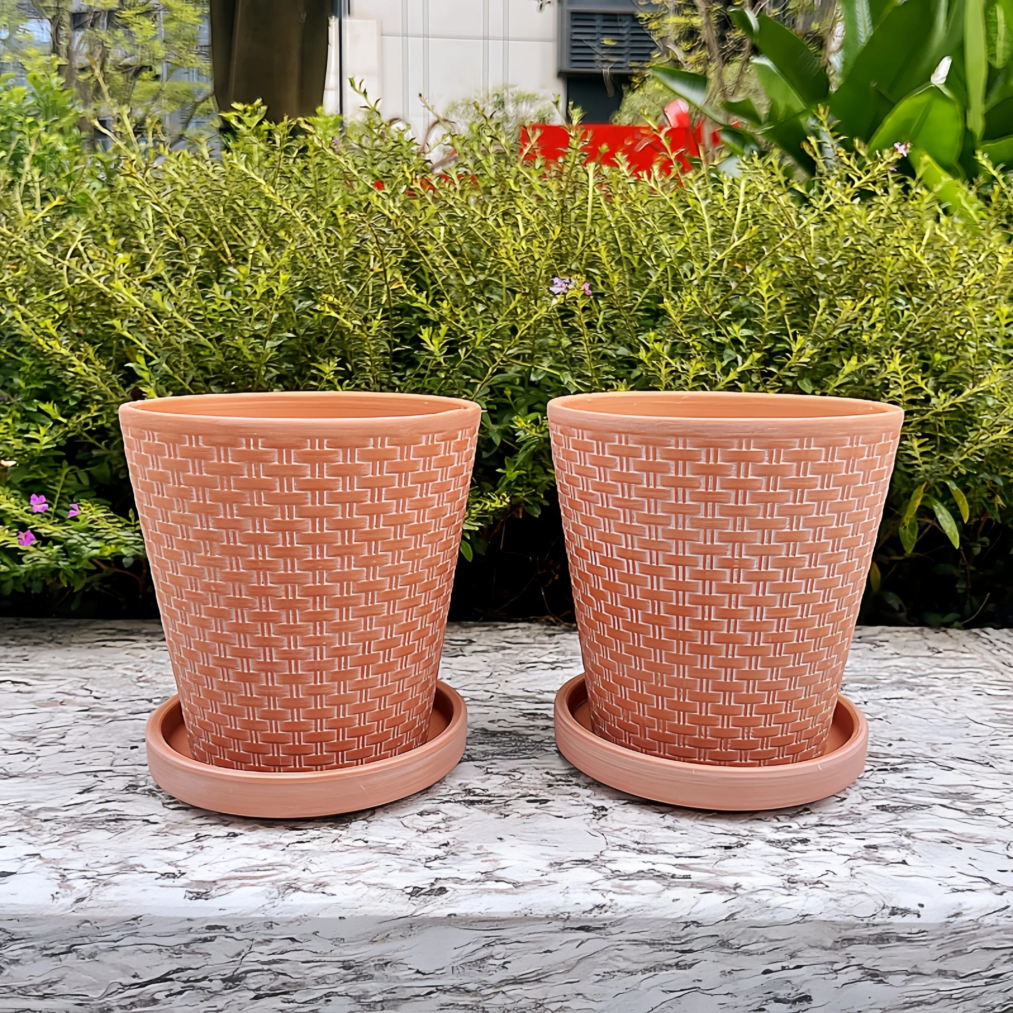 5'' Prägung-Terrakotta-Töpfe-Set mit Untertasse – 2er-Pack, Gartenblumen-Sukkulententöpfe mit Tablett für drinnen und draußen Image