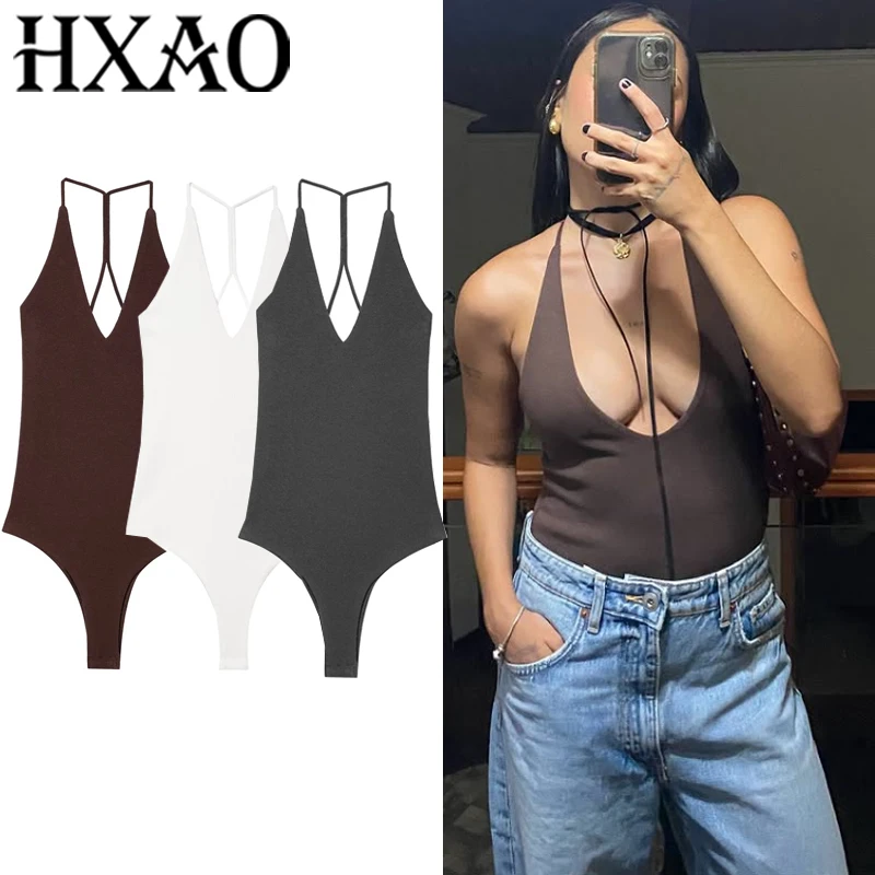 HXAO Weiblicher Body, Sommer, schulterfrei, einteiliger Badeanzug, Korsett, rückenfrei, Bodys, sexy Frauen, Strand, Schwarz, Braun Image