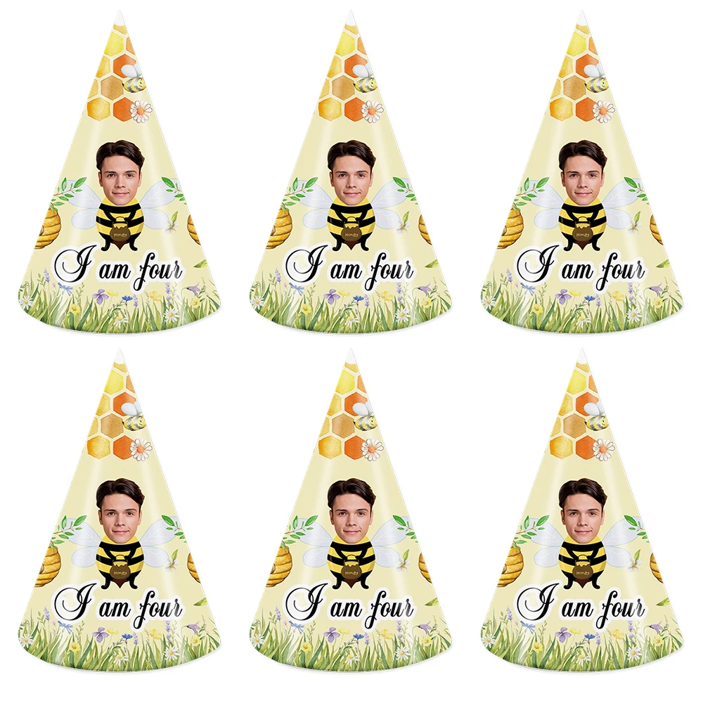 6 Stück individuelle Biene-Mottoparty-Gesicht, Fotopapier, Geburtstagshut, personalisierbar, Fotokappen für jedes Alter, Geburtstag, Hochzeit, Party-Dekorationen Image