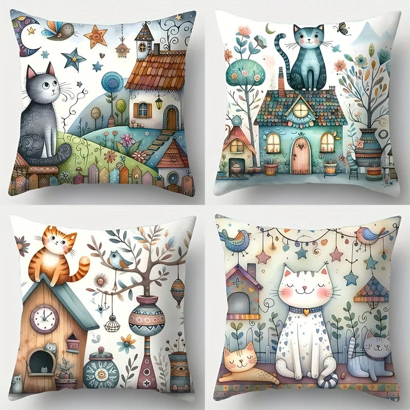 4 Stück Naughty Kitten Kissenbezüge, einseitiger Druck, dekorative Lendenkissenbezüge für Sofa, Taillenunterstützung, Heimdekoration Image