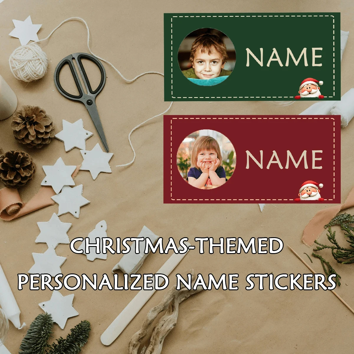 4 cm/6 cm lange, individuell gestaltete Namensaufkleber mit Weihnachtsmotiv, personalisierte Namen und Texte, geeignet für Weihnachtsfeierdekorationen Image