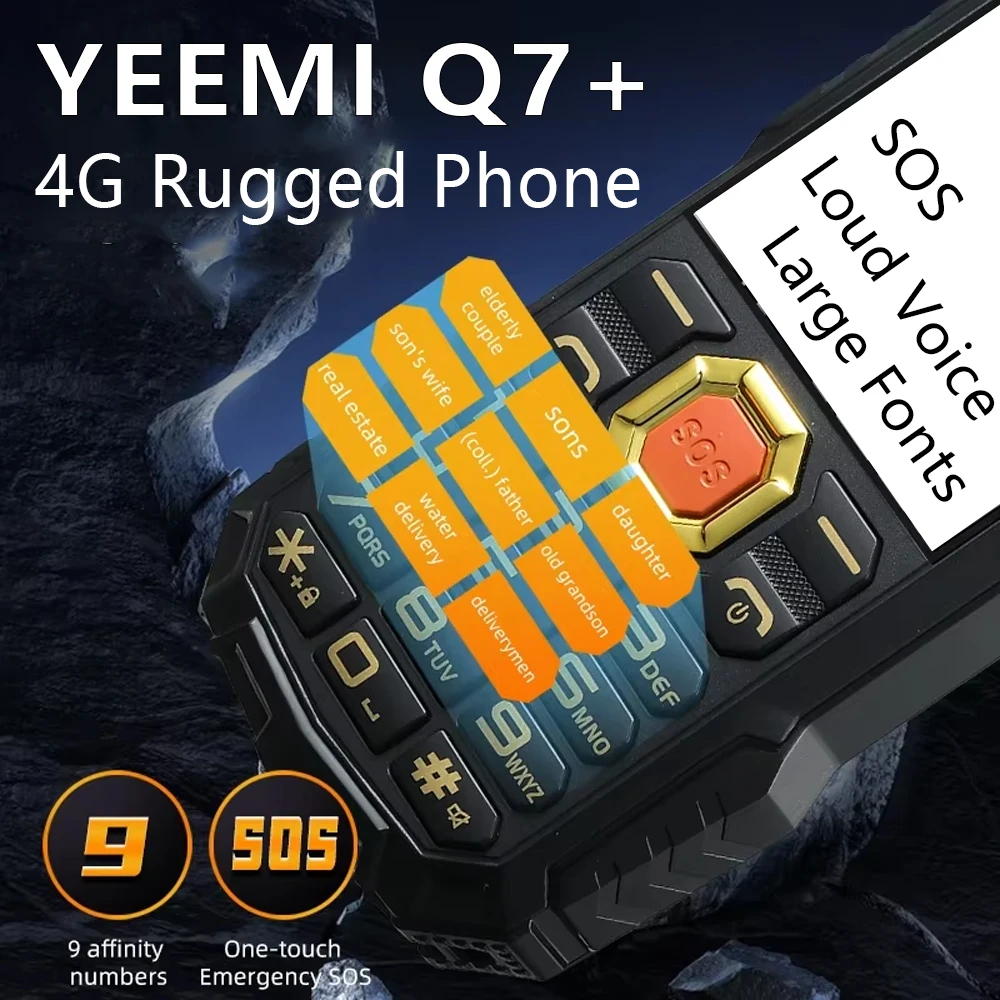 YeeMI Q7+ 4G Robustes Telefon Wasserdicht 1,77 Zoll großer Lautsprecher LED-Licht 16800 mAh Akku Power Bank Handy SOS Image