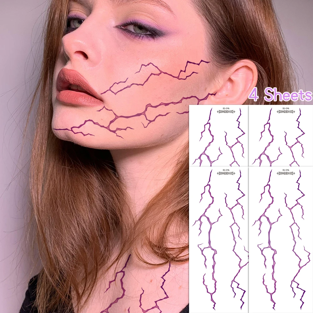 1/4 Blatt im Dunkeln leuchtende Kpop Gothic Damen-Tattoos – Blau, Lila, Blitz und Ader, Körperkunst, wasserfestes temporäres Tattoo Image