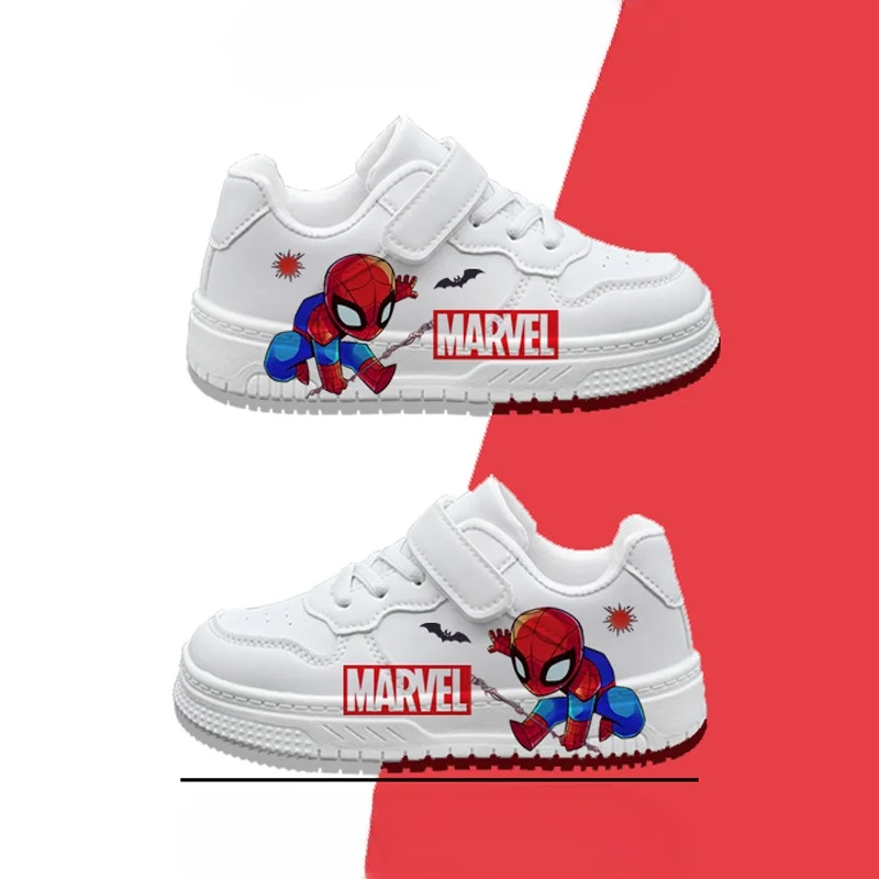 Freizeitschuhe für Kinder ​ Turnschuhe PU-Leder bedruckt Spider-Man Frühlingsschuhe für Jungen rutschfeste dicke Unterseite Weiß Größe 26-35