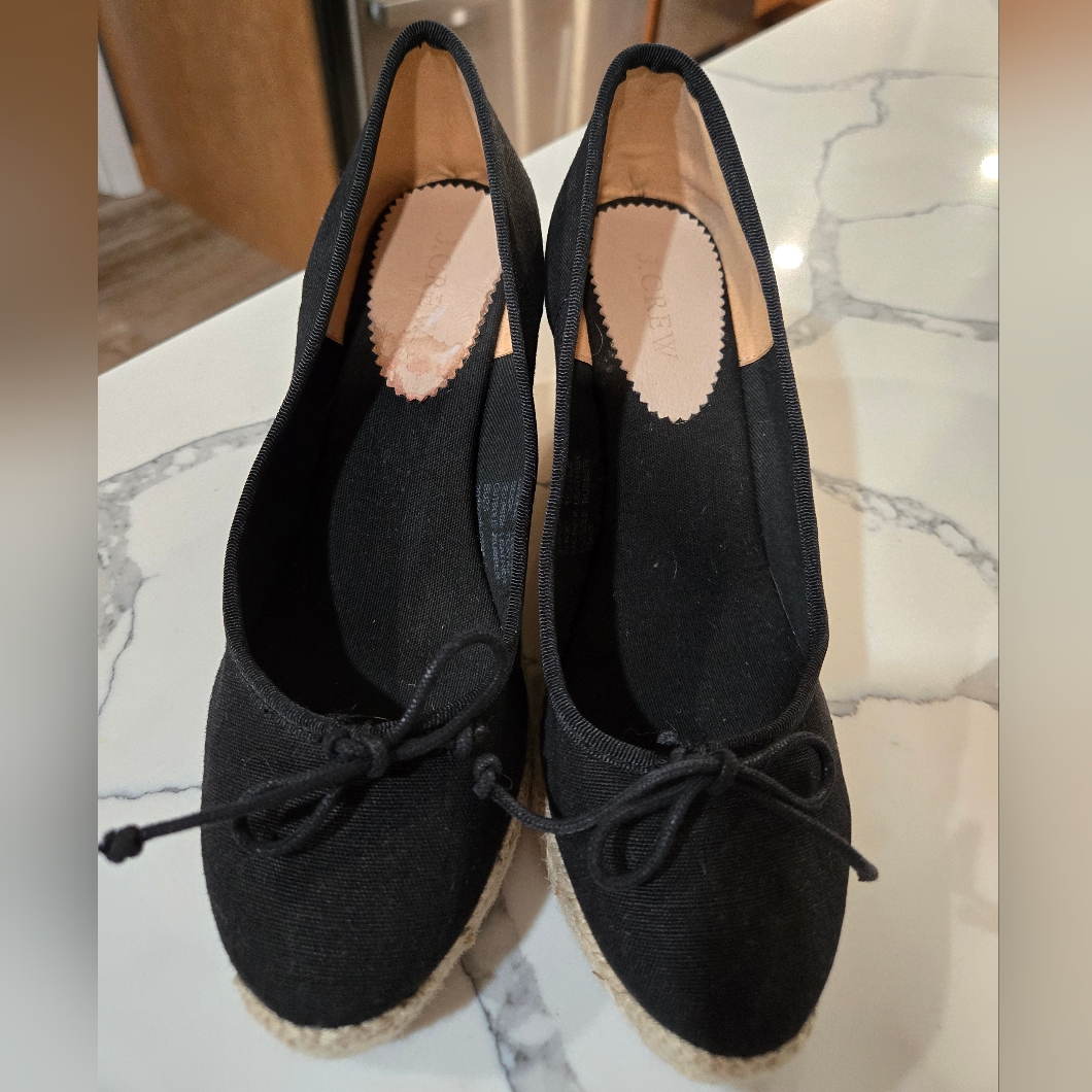 J. Crew Shoes | J. Crew Women's Shoes Size 9.5 Seville Espadrille Canvas Wedge Heels Black | Color: Black | Size: 9.5