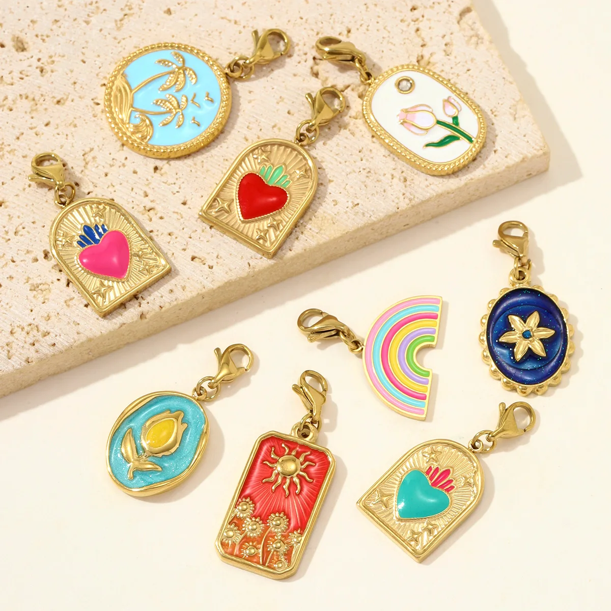 Set da 3 pezzi in acciaio inossidabile smaltato, con ciondoli a clip fai da te a forma di angelo, gatto e occhio di Allah, per collane da donna, con chiusura a moschettone, che non sbiadiscono mai