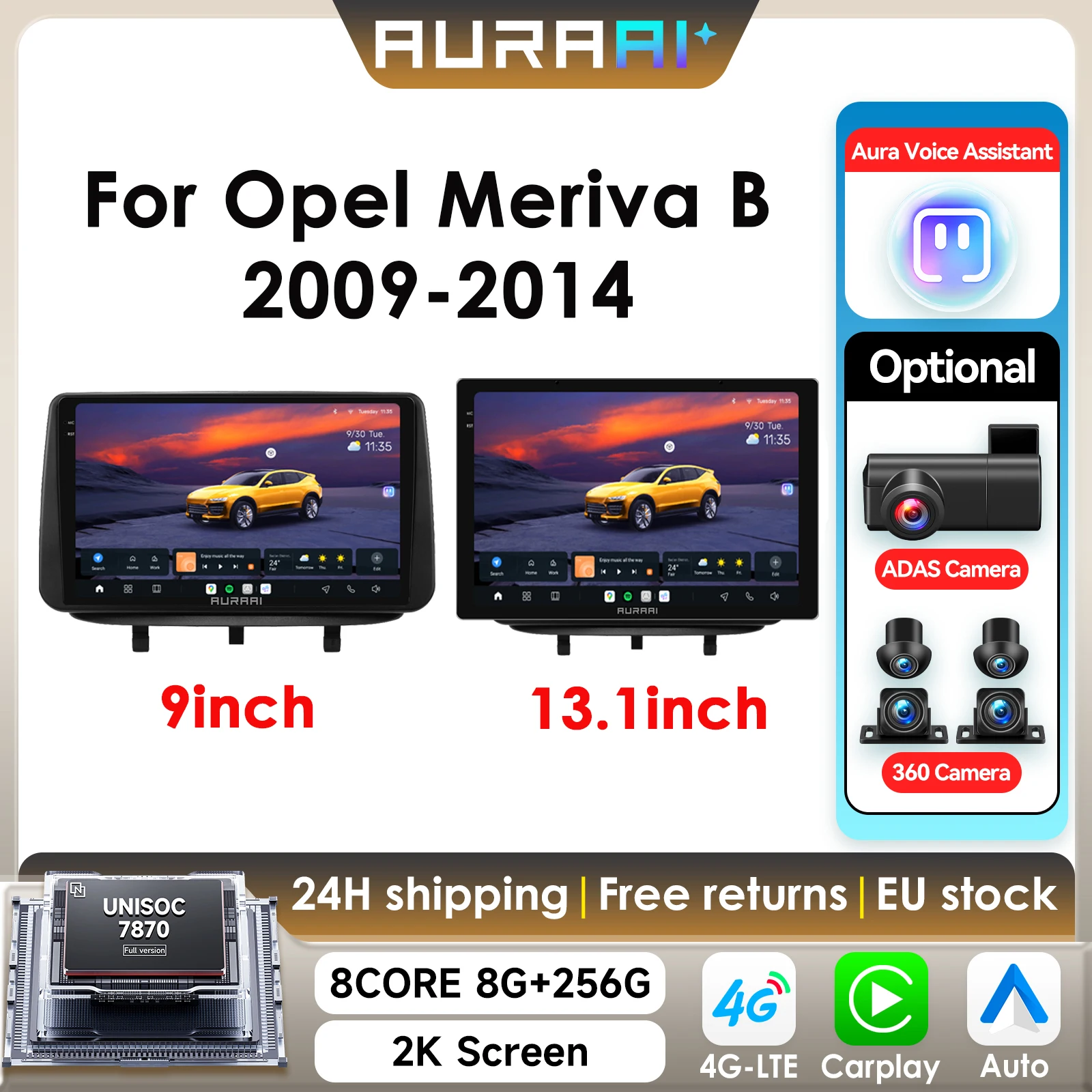 Autoradio 8G+256G ARAI con schermo 2K per Opel Meriva B 2009-2014, CarPlay, Android Auto, 4G, WIFI, GPS, BT, DSD, ADAS, doppio microfono, telecamera 360°, 7870