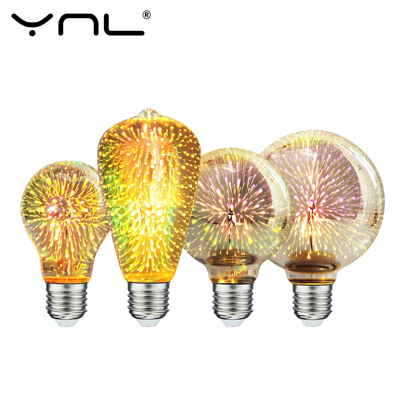 Decorazione 3D Lampadina Edison E27 4W Lampadina vintage 85-265V Stella Fuochi d'artificio Lampada Vacanza Luce notturna Novità G80 G95 ST64 A60