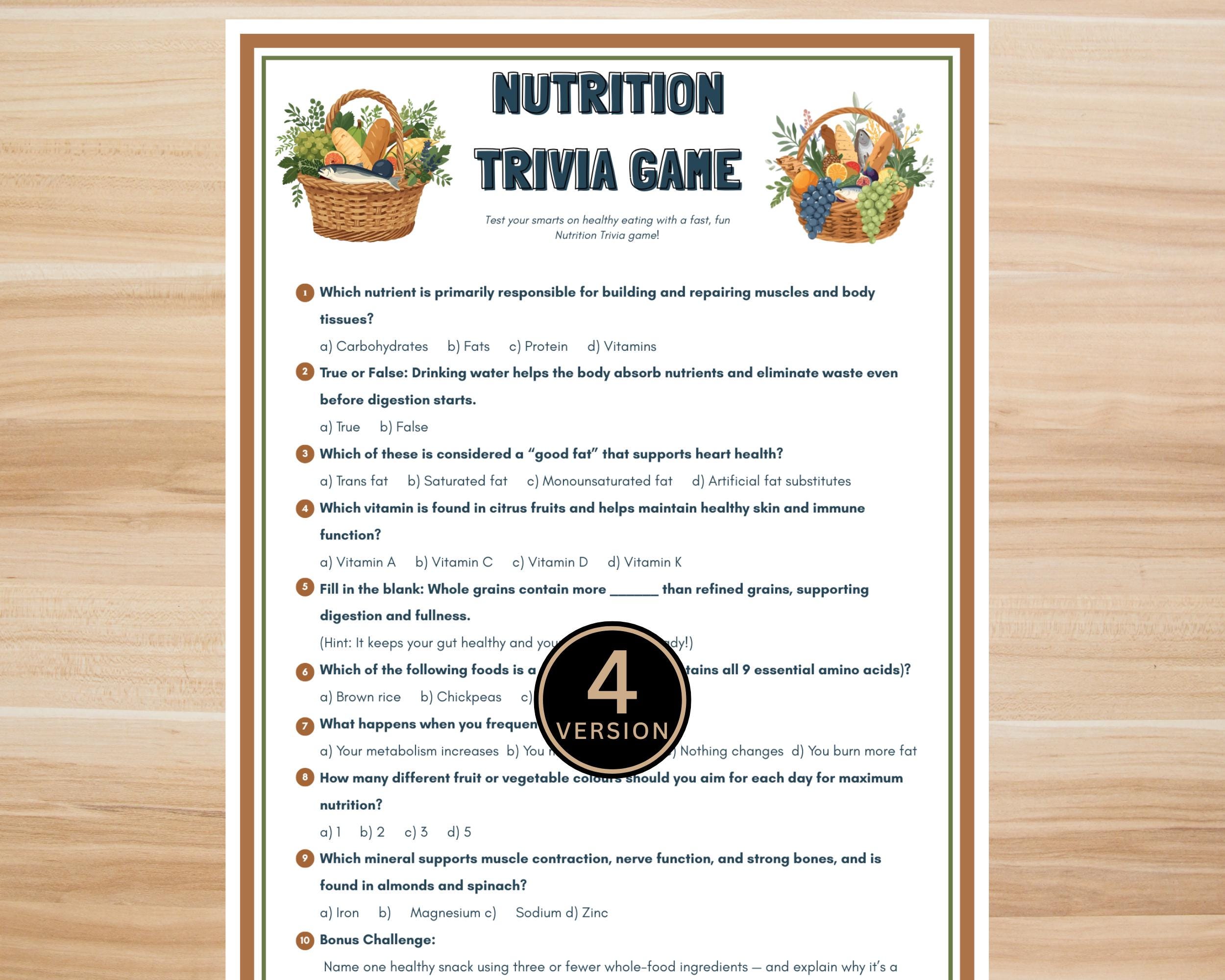 Quiz stampabile sulla nutrizione - Quiz sull'alimentazione sana, attività su cibo e benessere, quiz sul fast food, gioco sulla nutrizione in classe in