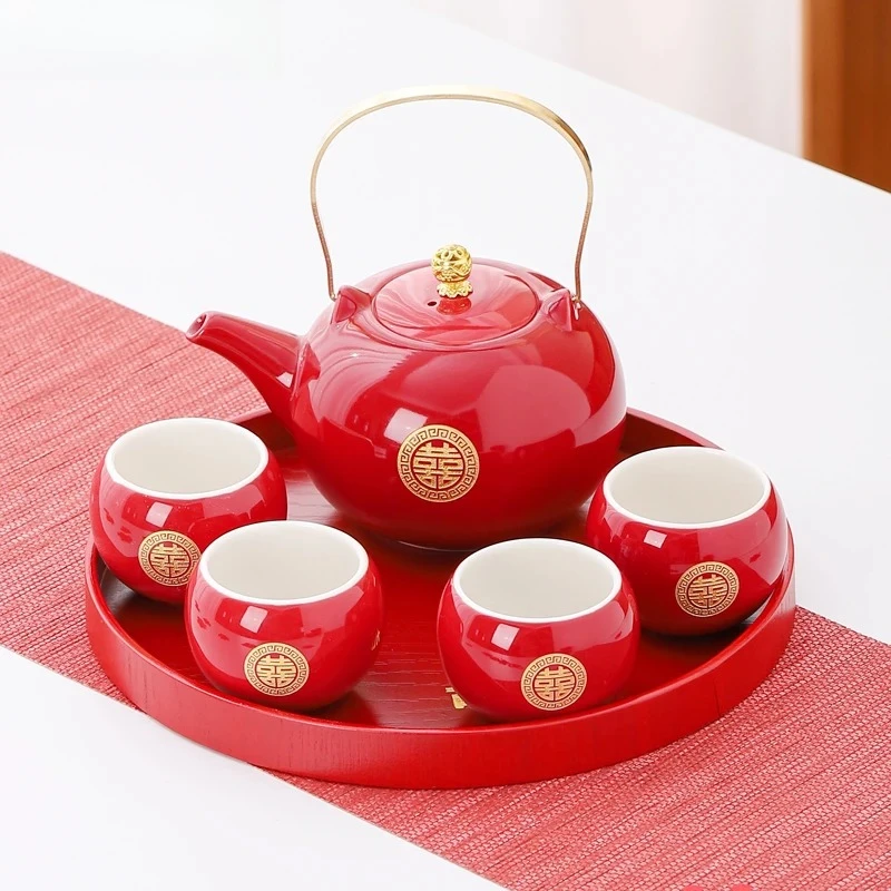 Red Ceramic Teaware Suit Chinese Wedding Tea Set Handmade Tea Pot and Cup Set Customized Household Porcelain Beauty Teacup